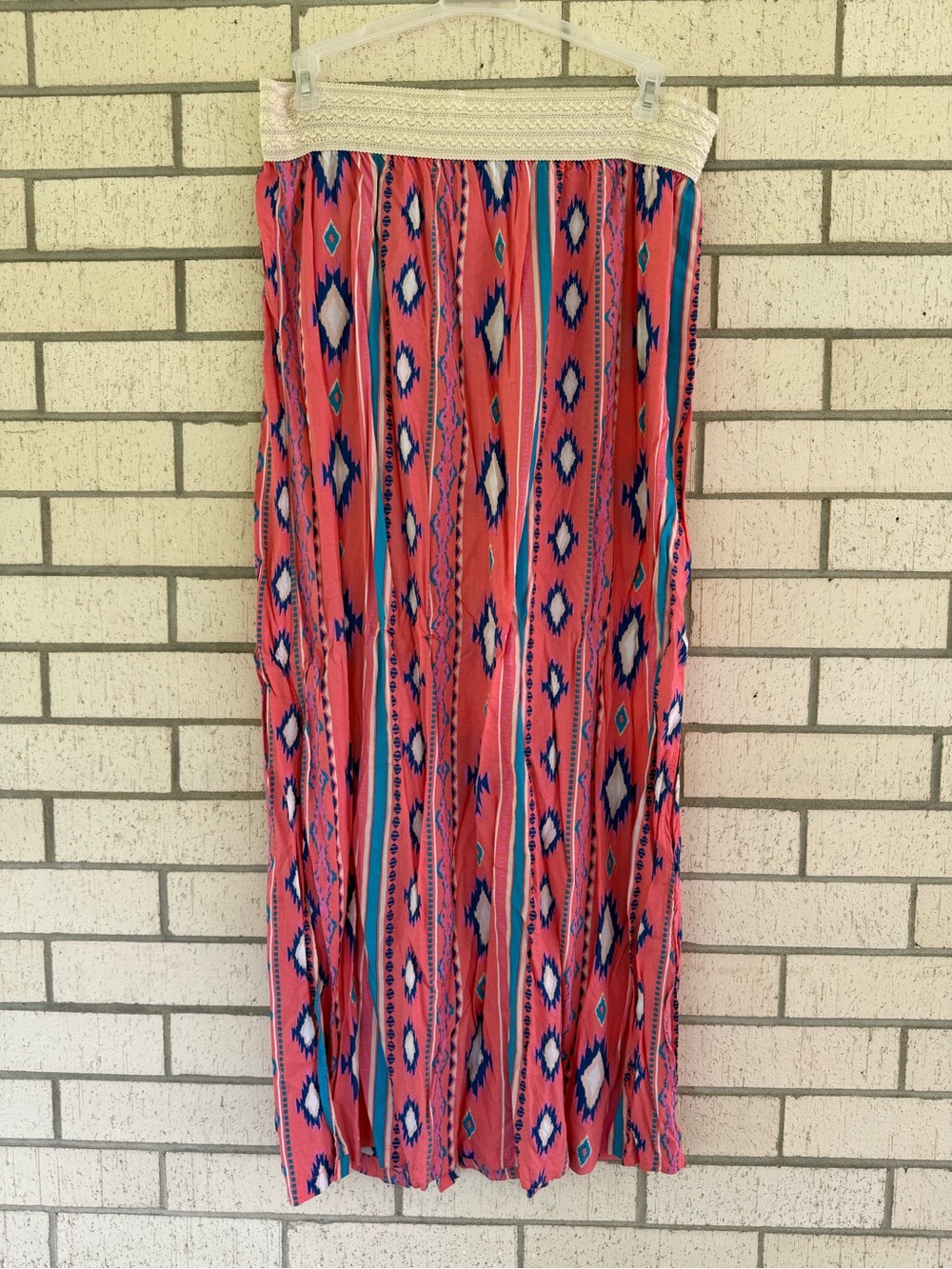 just be Coral Aztec Maxi Skirt with Cream Crochet Waistband